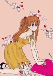 Rule 34 | 1girl, artist request, bare shoulders, breasts, brown hair, chibi, dress, highres, kneeling, long hair, looking at another, mass production eva, medium breasts, neon genesis evangelion, simple background, souryuu asuka langley, translation request, two side up, very long hair, yellow dress