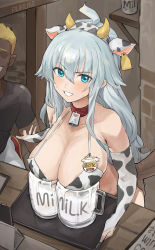 Rule 34 | 1girl, 2boys, 77l, absurdres, animal ears, animal print, areola slip, artist request, bare shoulders, beer mug, bell, bikini, blue eyes, breasts, character request, cleavage, collar, commission, cow ears, cow horns, cow print, cowbell, cup, detached sleeves, ear tag, hair between eyes, headband, highres, horns, large breasts, long hair, milk, mug, multiple boys, silver hair, solo focus, sweatdrop, swimsuit, tray