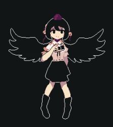 Rule 34 | 1girl, 4qw5 (style), black background, black eyes, black footwear, black hair, black skirt, black wings, camera, closed mouth, commentary, full body, hat, holding, holding camera, looking at viewer, pixel art, pom pom (clothes), red hat, ryanluke, shameimaru aya, shirt, short hair, short sleeves, simple background, skirt, solo, tokin hat, touhou, white shirt, wings