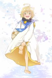 Rule 34 | 1boy, ahoge, artist name, bag, barefoot, blonde hair, blush, clothes lift, dress, dress lift, eyebrows, full body, highres, laphicet (tales), looking down, male focus, papagenoo, smile, solo, star (symbol), tales of (series), tales of berseria, water