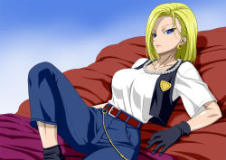 Rule 34 | 1girl, android 18, badge, bed, belt, blonde hair, blue eyes, bob cut, breasts, closed mouth, denim, dragon ball, dragonball z, earrings, female focus, gloves, gradient background, groin, hand up, hoop earrings, jacket, jeans, jewelry, large breasts, leg up, legs, looking at viewer, lying, medium hair, necklace, nel-zel formula, o-ring, on bed, pants, pearl necklace, pillow, serious, shirt, simple background, socks, solo, thighs, white shirt