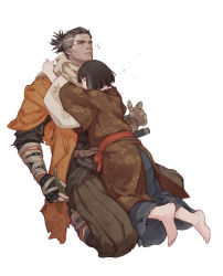 Rule 34 | 2boys, absurdres, age difference, arms around neck, barefoot, beige scarf, black hair, black pants, black shirt, brown kimono, brown pants, coat, commentary request, floral print, from behind, full body, grey hair, height difference, highres, hug, japanese clothes, katana, kimono, layered sleeves, long sleeves, male focus, multicolored hair, multiple boys, orange coat, pants, pleated pants, print kimono, prosthesis, prosthetic arm, sash, scarf, sekiro: shadows die twice, shirt, short hair, sitting, sword, topknot, torn clothes, torn coat, two-tone hair, vetania, wariza, weapon, white kimono, yaoi