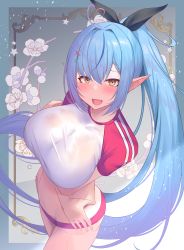 Rule 34 | 1girl, alternate costume, blue hair, blush, braid, breast lift, breasts, buruma, cowboy shot, crop top, crossed arms, fang, flower, from above, gym uniform, hair between eyes, hair intakes, highres, hololive, large breasts, long hair, looking at viewer, midriff, open mouth, pointy ears, ponytail, see-through, shirt, skin fang, smile, solo, taut clothes, taut shirt, very long hair, virtual youtuber, wet, wet clothes, yellow eyes, yoshiheihe, yukihana lamy