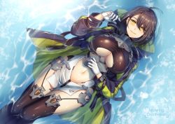 Rule 34 | 1girl, afloat, ahoge, azur lane, baltimore (azur lane), braid, breasts, brown hair, center opening, cleavage, closed mouth, curvy, gloves, jacket, large breasts, mijajure, navel, short hair, smile, solo, thick thighs, thighhighs, thighs, water, wet, wet clothes
