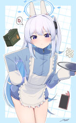 Rule 34 | 1girl, absurdres, akinoji (akiponpon27), alternate costume, anger vein, animal ears, apron, blue archive, blue halo, blush, breasts, cellphone, closed mouth, cowboy shot, earpiece, enmaided, fake animal ears, frilled apron, frills, grey hair, halo, highres, holding, holding tray, jersey, jersey maid, large breasts, long hair, looking at viewer, maid, miyako (blue archive), one side up, phone, purple eyes, rabbit ears, signature, smartphone, solo, spoken anger vein, tray, unconventional maid, white apron