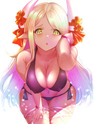 Rule 34 | 1girl, :o, arm up, bangle, bare arms, bare shoulders, bikini, black bikini, blonde hair, bracelet, breasts, cleavage, commentary request, covered erect nipples, cowboy shot, dark-skinned female, dark skin, draph, flower, gradient hair, granblue fantasy, tucking hair, halterneck, hand on own thigh, horn flower, horn ornament, horn ribbon, horns, jewelry, kumbhira (granblue fantasy), large breasts, leaning forward, leg ribbon, light particles, long hair, looking at viewer, makumaxu, multicolored hair, parted bangs, parted lips, pink hair, pointy ears, red flower, red ribbon, ribbon, side-tie bikini bottom, simple background, solo, standing, swimsuit, thigh gap, very long hair, white background, white ribbon, yellow eyes