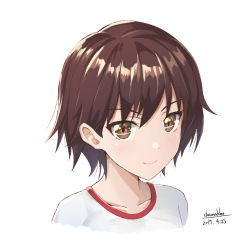 Rule 34 | 10s, 1girl, artist name, brown eyes, brown hair, closed mouth, dated, girls und panzer, gym shirt, gym uniform, isobe noriko, looking at viewer, portrait, shamakho, shirt, short hair, signature, simple background, smile, solo, t-shirt, white background, white shirt