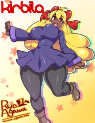 Rule 34 | 1girl, agawa ryou, ahoge, ankle boots, artist name, bad id, bad tumblr id, black pantyhose, blonde hair, blue dress, boots, borrowed character, bow, breasts, character name, dark-skinned female, dark skin, dress, hair bow, kirbila (yellow kirby), large breasts, long hair, narrow waist, open mouth, orange eyes, original, pantyhose, running, sleeves past wrists, smile, solo, thick thighs, thighs, turtleneck, very dark skin, watermark, web address, wide hips