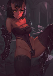 Rule 34 | 1girl, bare shoulders, black thighhighs, breasts, brown hair, cleavage, closed mouth, colored skin, covered navel, crotch plate, demon girl, horns, kidouko (zakusi), looking at viewer, medium breasts, armored boots, metal gloves, oni, original, red oni, red skin, revealing clothes, short hair, sitting, smile, solo, spread legs, thighhighs, yellow eyes, zakusi