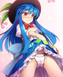 Rule 34 | 1girl, black headwear, blue hair, blue skirt, blush, bow, bowtie, cameltoe, chima q, cleft of venus, commentary request, cowboy shot, gluteal fold, gradient background, highres, hinanawi tenshi, leaf, long hair, miniskirt, nose blush, panties, petticoat, pink background, puffy short sleeves, puffy sleeves, red bow, red bowtie, red eyes, shirt, short sleeves, sidelocks, skirt, solo, standing, sweat, tears, thigh gap, thighs, touhou, underwear, v-shaped eyebrows, very long hair, white panties, white shirt