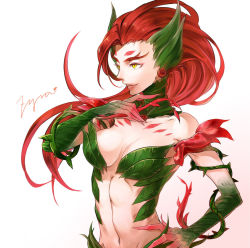 Rule 34 | 1girl, bare shoulders, breasts, character name, flower, hand on own hip, hikarusorano, league of legends, long hair, medium breasts, navel, plant, red hair, rose, solo, vines, yellow eyes, zyra