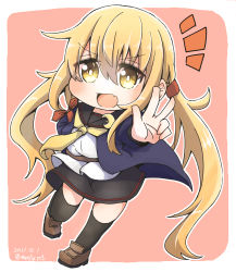 Rule 34 | 1girl, aoba (akibajun), black skirt, black thighhighs, blonde hair, blue jacket, blush, brown footwear, commentary, crescent, crescent pin, dated, full body, highres, jacket, kantai collection, long hair, neckerchief, open mouth, orange background, pleated skirt, satsuki (kancolle), school uniform, serafuku, shoes, skirt, smile, solo, thighhighs, twintails, twitter username, uniform, yellow neckerchief