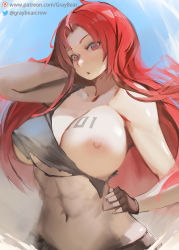 Rule 34 | 1girl, abs, borrowed character, breast tattoo, breasts, cleavage, commentary, commission, covered erect nipples, english commentary, gray bear, hand on own hip, large breasts, looking at viewer, navel, nipples, nose, one breast out, original, project-101, red eyes, red hair, sketch, solo, tattoo, torn clothes, underboob