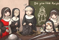 Rule 34 | !?, 5girls, armor, bird, brown eyes, brown hair, chainmail, chalkboard, character request, closed eyes, commentary, duck, english commentary, freckles, frog headband, froggy nun (diva), glasses, grey hair, habit, heavy, ironlily, little nuns (diva), mother superior (diva), multiple girls, nun, old, old woman, ordo mediare sisters (ironlily), round eyewear, sheep nun (diva), sword, traditional nun, weapon