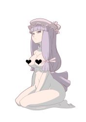 Rule 34 | 1girl, breasts, censored, censored nipples, hat, long hair, low-tied long hair, maru-sun, nude, patchouli knowledge, purple eyes, purple hair, ribbon, seiza, sitting, solo, touhou