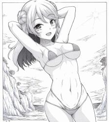Rule 34 | 1girl, armpits, arms behind head, bikini, breasts, cleavage, covered erect nipples, double bun, greyscale, h2 (h20000000), hair bun, kantai collection, large breasts, looking at viewer, medium hair, micro bikini, monochrome, navel, open mouth, outdoors, rock, smile, solo, sun, swimsuit, urakaze (kancolle)