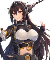 Rule 34 | 1girl, black gloves, black hair, breasts, brown eyes, closed mouth, elbow gloves, finger heart, gloves, hair between eyes, hand on own hip, headgear, heart, highres, kantai collection, kasumi (skchkko), large breasts, long hair, nagato (kancolle), nagato kai ni (kancolle), navel, partially fingerless gloves, smile, solo, upper body