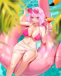 Rule 34 | 1girl, absurdres, bikini, blue eyes, blurry, bodiedwile, breasts, cocktail, cocktail glass, commission, cup, depth of field, drinking glass, from above, hair between eyes, highres, holding, holding cup, inflatable flamingo, large breasts, leaf, lying, medium hair, mole, mole on breast, momo (bodiedwile), on back, original, parted lips, pink bikini, pink hair, sarong, see-through, short hair, smile, solo, summer, sunglasses, swimsuit, tropical drink, water