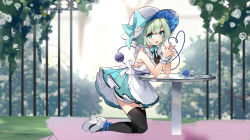 Rule 34 | 1girl, absurdres, alternate costume, aqua bow, bare shoulders, black thighhighs, blue bow, blue flower, blue rose, blurry, blurry background, blush, bow, cho kagaku no rei kyoju, commentary request, daisy, dress, flower, frilled shirt collar, frills, full body, green eyes, green hair, hands up, hat, hat bow, hat flower, heart, heart of string, high heels, highres, kneeling, komeiji koishi, looking at viewer, open mouth, outdoors, rose, short hair, solo, steepled fingers, table, thighhighs, third eye, touhou, white dress, white flower, white footwear, white hat, wrist cuffs