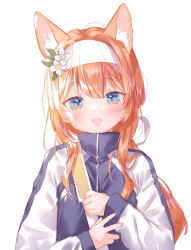 Rule 34 | 1girl, animal ear fluff, animal ears, blue archive, blue eyes, blue jacket, blush, flower, fox ears, hair flower, hair ornament, hairband, highres, jacket, long hair, long sleeves, looking at viewer, mari (blue archive), mari (track) (blue archive), mutou mato, open clothes, open jacket, open mouth, orange hair, simple background, smile, solo, upper body, white background