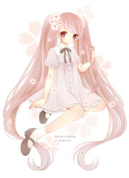 Rule 34 | 1girl, character name, cherry blossoms, cocococco, dress, hatsune miku, long hair, nail polish, pink eyes, pink hair, puffy short sleeves, puffy sleeves, purple dress, red nails, sakura miku, short sleeves, solo, twintails, very long hair, vocaloid