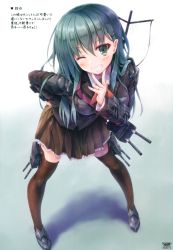 Rule 34 | 10s, 1girl, ;d, absurdres, black thighhighs, brown skirt, full body, green eyes, green hair, grin, hand on own hip, highres, jewelry, kantai collection, leaning forward, long hair, looking at viewer, one eye closed, open mouth, pleated skirt, ring, skirt, smile, solo, standing, suien, suzuya (kancolle), thighhighs, zettai ryouiki