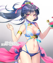 Rule 34 | 1girl, bikini, black hair, blue bikini, blush, breasts, chinese clothes, cleavage, company name, copyright name, cowboy shot, food, fruit, gluteal fold, gradient background, hair between eyes, hair ornament, hair ribbon, hand up, hands up, houchi shoujo, large breasts, long hair, looking at viewer, navel, official art, open mouth, pink ribbon, ponytail, purple eyes, ribbon, sidelocks, solo, swimsuit, tamaki mitsune, tassel, thighhighs, watermark, watermelon