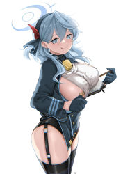 Rule 34 | 1girl, :q, ako (blue archive), bandaid, bandaids on nipples, bell, blue archive, blue eyes, blue gloves, blue hair, blue hairband, blue jacket, breasts, clipboard, closed mouth, cowboy shot, earrings, garter straps, gie (gienara), gloves, hair behind ear, hair between eyes, hairband, halo, highres, holding, holding clipboard, jacket, jewelry, large breasts, long hair, long sleeves, looking at viewer, neck bell, open clothes, open jacket, pasties, shirt, simple background, solo, standing, thighhighs, tongue, tongue out, white background, white shirt