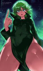 1girl absurdres artist_collaboration breasts colorized curly_hair dress everthine from_below green_eyes green_hair highres medium_breasts niwarhythm one-punch_man open_mouth short_hair tatsumaki thick_thighs thighs