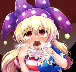 Rule 34 | 1girl, american flag dress, blonde hair, blush, bukkake, clownpiece, cum, cum in mouth, cupping hands, empty eyes, facial, fairy wings, female focus, fuurisuto, hair between eyes, half-closed eyes, hat, jester cap, long hair, looking at viewer, neck ruff, open mouth, own hands together, polka dot, purple hat, red background, red eyes, short sleeves, simple background, solo, star (symbol), star print, striped, tears, teeth, tongue, tongue out, touhou, transparent wings, trembling, upper body, uvula, wings