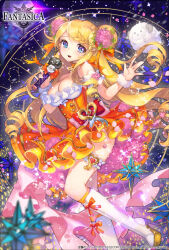 Rule 34 | 1girl, apple caramel, bare shoulders, blonde hair, blue eyes, bow, braid, breasts, choker, cleavage, constellation, copyright name, copyright notice, double bun, dress, flower, foot out of frame, frilled dress, frills, gyakushuu no fantasica, hair bow, hair bun, hair flower, hair ornament, heart, high heels, highres, holding, holding microphone, kneehighs, large breasts, long hair, looking at viewer, microphone, moon, official art, open mouth, orange bow, orange dress, petals, pink bow, pink flower, red bow, ribbon, sheep, socks, solo, sparkle, star (sky), thigh strap, thighhighs, very long hair, wristband, zodeia