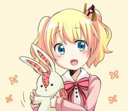 Rule 34 | 10s, 1girl, :d, alice cartelet, blonde hair, blue eyes, blush, bow, bowtie, hair ornament, hairpin, kin-iro mosaic, long sleeves, looking at viewer, omochi (rimulovemiku), open mouth, school uniform, shirt, short hair, simple background, smile, solo, striped bow, striped bowtie, striped clothes, striped neckwear, stuffed animal, stuffed rabbit, stuffed toy, twintails, upper body, yellow background