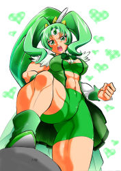 Rule 34 | 10s, 1girl, abs, bad id, bad pixiv id, big hair, bike shorts, bra, breasts, center opening, clenched hand, cure march, earrings, covered erect nipples, forehead jewel, foreshortening, from below, green eyes, green hair, green shorts, green theme, headband, heart, heart background, high ponytail, highres, jewelry, large breasts, long hair, marimo (yousei ranbu), matching hair/eyes, midorikawa nao, muscular, muscular female, navel, open mouth, precure, shelf bra, shorts, skirt, smile precure!, solo, stepped on, thick thighs, thighs, underwear, very long hair