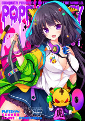 Rule 34 | 1girl, bag, black hair, black thighhighs, blue skirt, blush, bracelet, cd, collarbone, duffel bag, fang, hair ornament, headphones, headphones around neck, jewelry, long hair, looking at viewer, open mouth, original, picpicgram, purple eyes, skirt, smile, solo, star (symbol), star hair ornament, sunshine creation, thighhighs, twintails