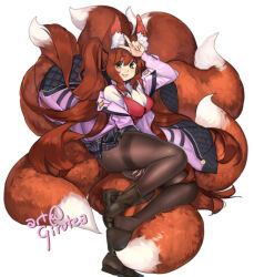Rule 34 | 1girl, animal ears, artist name, ass, boots, breasts, brown fur, brown hair, full body, girutea, green eyes, jacket, large breasts, light blush, long hair, multiple tails, pantyhose, plushmallow, smile, tail, v, very long hair