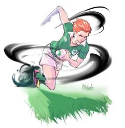 Rule 34 | 1girl, afterlaughs, ball, blue eyes, cleats, commentary, english commentary, freckles, green socks, grin, highres, holding, holding ball, ireland, leaning forward, moira (overwatch), nose, orange hair, overwatch, overwatch 1, playing sports, red eyes, rugby, rugby ball, rugby uniform, running, short hair, smile, socks, solo, sportswear, very short hair