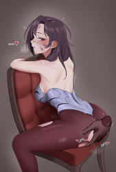 Rule 34 | ..., 1girl, absurdres, bare shoulders, black hair, blush, breasts, brown background, brown pantyhose, cel da lin, facial mark, feet out of frame, fingering, from behind, gradient background, heart, highres, kai&#039;sa, large breasts, league of legends, pantyhose, sitting, solo focus, torn clothes, torn pantyhose, trembling