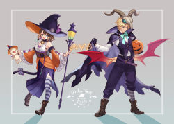 Rule 34 | 1boy, 1girl, blonde hair, blue eyes, breasts, brown hair, detached sleeves, final fantasy, final fantasy x, full body, green eyes, halloween, halloween costume, hat, heterochromia, jewelry, looking at viewer, medium breasts, moogle, open mouth, sasanomesi, short hair, simple background, smile, striped, tidus, witch hat, yuna (ff10)