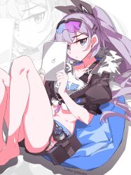 1girl bare_legs barefoot black_jacket black_shorts clothing_cutout crop_top drill_hair fishnet_cutout goggles goggles_on_head grey_eyes grey_hair hair_ornament highres holding holding_tablet_pc honkai:_star_rail honkai_(series) jacket kili_kilio long_hair looking_at_viewer midriff navel short_shorts shorts side_cutout sitting solo tablet_pc twitter_username white_background zoom_layer