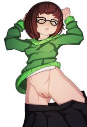 Rule 34 | 1girl, absurdres, arms up, black-framed eyewear, black skirt, blsh (blshwrks), blush, bob cut, breasts, brown hair, cleft of venus, clitoral hood, clothes pull, collarbone, female focus, from above, glasses, gluteal fold, green sweater, groin, half-closed eyes, highres, long sleeves, looking down, lying, navel, no panties, nose blush, on back, open clothes, open skirt, parted lips, pleated skirt, pussy, shirt, sho-tan (thedoujin), short hair, sidelocks, simple background, skirt, skirt pull, small breasts, solo, spread legs, sweater, teeth, thedoujin, uncensored, white background, white shirt, yellow eyes