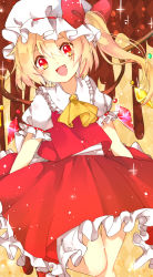 Rule 34 | 1girl, :d, ascot, blonde hair, flandre scarlet, frills, hat, looking at viewer, mob cap, mokyuko, open mouth, red eyes, side ponytail, smile, solo, touhou, wings