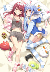 Rule 34 | 2girls, animal ear fluff, animal ears, blue hair, blue jacket, blush, bow hairband, braid, braided bun, breasts, camisole, carrot hair ornament, commentary request, controller, eretto, finger to mouth, food-themed hair ornament, game controller, grey shorts, grin, hair bun, hair ornament, hairband, heterochromia, hololive, hood, hooded jacket, houshou marine, jacket, keyboard (computer), kneehighs, long hair, long sleeves, looking at viewer, lying, medium breasts, midriff, mouse (computer), multicolored hair, multiple girls, navel, off shoulder, on back, on bed, on side, open clothes, open jacket, orange eyes, parted lips, pekomon (usada pekora), rabbit ears, red eyes, short shorts, shorts, shushing, smile, socks, striped clothes, striped jacket, striped legwear, striped socks, striped thighhighs, thighhighs, toeless legwear, two-tone hair, usada pekora, virtual youtuber, white hair