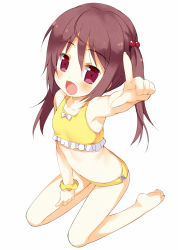 Rule 34 | 1girl, arm up, armpits, barefoot, bikini, brown eyes, brown hair, child, fang, feet, full body, hair bobbles, hair ornament, index finger raised, kneeling, meito (maze), open mouth, original, pointing, scrunchie, solo, swimsuit