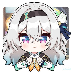 Rule 34 | 1girl, :t, black hairband, black jacket, blush, chibi, commentary request, firefly (honkai: star rail), grey hair, hair between eyes, hairband, honkai: star rail, honkai (series), jacket, jiu fanglianhua, long hair, long sleeves, looking at viewer, purple eyes, shirt, solo, upper body, very long hair, white shirt