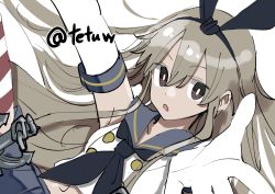 Rule 34 | 1girl, absurdres, black hairband, blonde hair, crop top, elbow gloves, gloves, grey eyes, hairband, highres, kantai collection, long hair, looking at viewer, one-hour drawing challenge, open mouth, school uniform, serafuku, shimakaze (kancolle), solo, tetuw, twitter username, upper body, white gloves