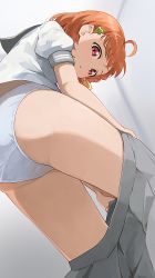 Rule 34 | 1girl, :o, ahoge, ass, clothes pull, from below, grey skirt, hair ornament, highres, hiroki (yyqw7151), love live!, love live! sunshine!!, panties, puffy short sleeves, puffy sleeves, red eyes, school uniform, serafuku, short hair, short sleeves, skirt, skirt pull, solo, takami chika, thighs, underwear, undressing, white panties