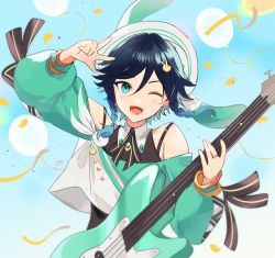 Rule 34 | 1boy, androgynous, balloon, bare shoulders, black hair, blue background, blue hair, blush, bow, braid, commentary, confetti, genshin impact, gradient hair, green eyes, guitar, hair ornament, hairpin, holding, holding instrument, instrument, long sleeves, looking at viewer, lower teeth only, male focus, miltea, multicolored hair, one eye closed, open mouth, short hair with long locks, side braids, sidelocks, simple background, smile, solo, symbol-only commentary, teeth, tongue, twin braids, v, venti (2nd anniversary) (genshin impact), venti (genshin impact), wide sleeves