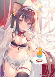 Rule 34 | 1girl, animal ear fluff, animal ears, apron, bad id, bad twitter id, bikini, black bikini, black hair, black thighhighs, bow, bowtie, breasts, cat ears, cleavage, cowboy shot, cup, curtains, detached collar, drinking glass, drinking straw, flower, front-tie bikini top, front-tie top, hair flower, hair ornament, hairclip, headdress, highres, holding, hurricane glass, long hair, looking at viewer, maid, maid apron, maid bikini, maid headdress, medium breasts, midriff, miwabe sakura, mole, mole under eye, navel, orange eyes, original, side-tie bikini bottom, skindentation, smile, solo, stomach, swimsuit, thigh strap, thighhighs, thighs, tropical drink, twintails, unconventional maid, very long hair, waist apron