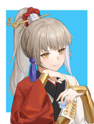 Rule 34 | 1boy, androgynous, archer (fate/samurai remnant), blue background, chinese clothes, cup, fate/samurai remnant, fate (series), grey hair, hair ornament, hair scrunchie, hair stick, hand on own chin, hanfu, head rest, high ponytail, highres, holding, holding cup, long hair, looking down, multicolored hair, outside border, red scrunchie, scrunchie, sidelocks, simple background, streaked hair, tassel, two-tone background, upper body, vambraces, white background, wide sleeves, yaxiya, yellow eyes