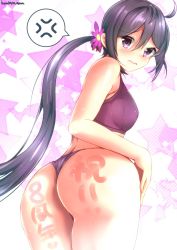 Rule 34 | 1girl, akebono (kancolle), alternate breast size, anger vein, anniversary, ass, bell, bra, commentary request, cowboy shot, flower, from behind, hair bell, hair flower, hair ornament, highres, jingle bell, kantai collection, kumichou (nakasato-gumi), long hair, looking at viewer, looking back, panties, purple bra, purple eyes, purple hair, purple panties, side ponytail, solo, spoken anger vein, standing, twitter username, underwear, underwear only, very long hair